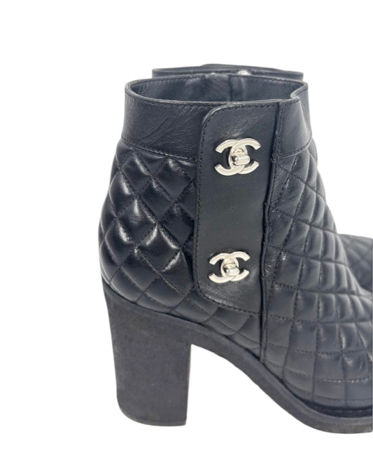 【CHANEL】Turn-Lock Quilted Ankle Lambskin Boots