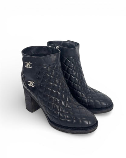 【CHANEL】Turn-Lock Quilted Ankle Lambskin Boots